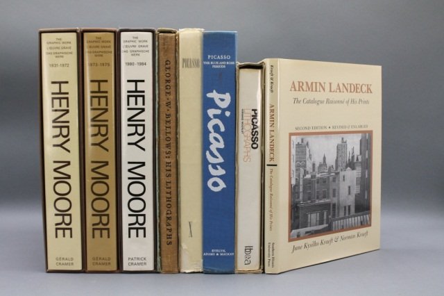 8 Vols incl: GEORGE W. BELLOWS: His Lithographs.: [Picasso/Bellows/Landeck/Moore]. 6 Titles (8 Vols). Vp:vp. 4to. Original bdgs: 7 hardcover, 1 softcover), 4 vols in dj. ++ Gerald Cramer, Alistair Grant, and David Mitchinson. HENRY MOORE: CATALOGUE O