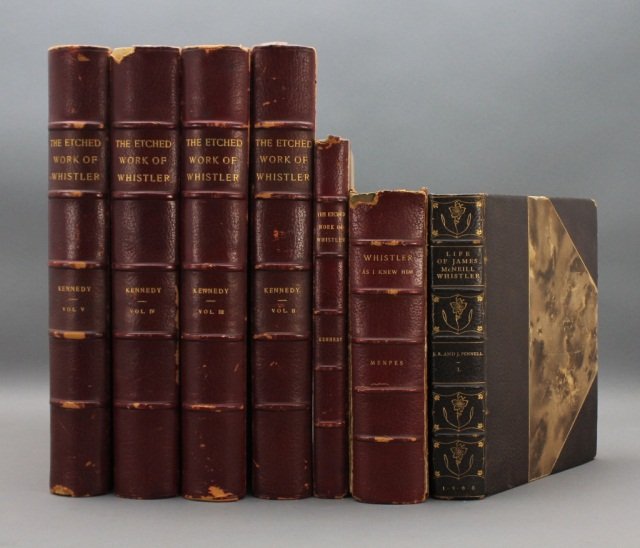 7 Vols incl: THE ETCHED WORK OF WHISTLER, 1910.: [Whistler, James McNeill]. 7 Vols. ++ THE ETCHED WORK OF WHISTLER. 4 Volumes: Vols II-V (from the 5-volume folio edition, beginning at illustration 101), with hundreds of tipped-on plates reproducing 