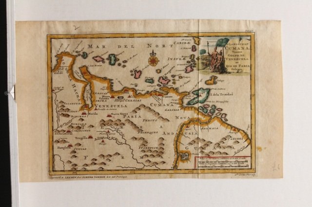 T Landschap Cumana, Tussen Golfo... [c1700s-1730s]: [Caribbean/South America]. T Landschap Cumana, Tussen Golfo de Venezuela en Rio de Paria Gelegen. Engraver credited in margin at lower right: “Uytgevoerd te Leyden door Pieter van der A.A. met Privi