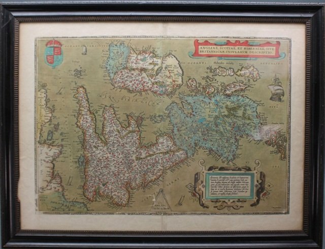 [Ortelius]. Angliae, Scotiae et Hiberniae...: [Ortelius/Britain]. Angliae, Scotiae et Hiberniae, Sive Britannicar: Insularum Descriptio. English text on right half of verso. From an edition of Abraham Ortelius’s “Theatrum Orbis Terrarum;” a