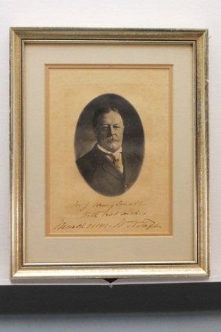 Signed by William Howard Taft.: [President & Supreme Court Justice]. William H. Taft. SIGNED ENGRAVING. Oval engraved chest portrait of Taft, 5 ¼ x 3 ½ in. Signed & inscribed in sepia ink: “For J. Henry Small With best wishes Wm