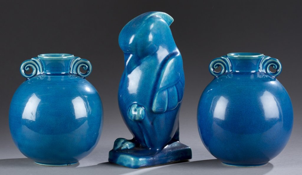 A Cowan Pottery pair of globular vases by Viktor: A Cowan Pottery pair of globular vases by Viktor Schreckengost and A. Drexler Jacobson. c. 1931. Egyptian blue. Impressed Cowan mark on bottom. Both: 6 3/16"h x 2 5/8"w. ++ Jacobson, Introspection in