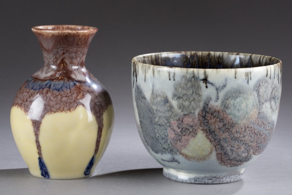 Two Kenton Hills pottery pieces. ++ Vase decorated by: Two Kenton Hills pottery pieces. ++ Vase decorated by David Seyler. Cream with brown drip glaze. Stamped with leaf mark, #103S, and signed Seyler, star mark and D.S. . 6 1/2". ++ Bowl decorated by Alz