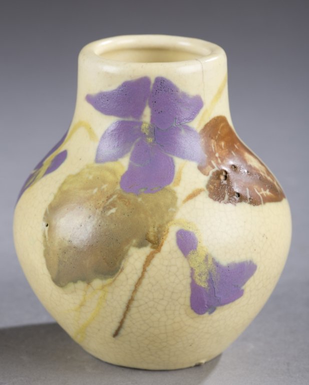 A Rookwood vase attributed to Anna Marie Valentien.: A Rookwood vase attributed to Anna Marie Valentien. 1901. Petite painted matte glaze vase with blue violets, green and brown leaves. Impressed on bottom, Rookwood mark, I, model 111, FZ and artist mar