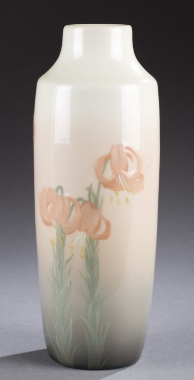 A Rookwood vase by Sara Sax. 1906. Pink floral: A Rookwood vase by Sara Sax. 1906. Pink floral abstract painted vase with Iris glaze. Impressed on bottom, Rookwood mark, VI, artist mark and shape 941 C. 9 1/2".