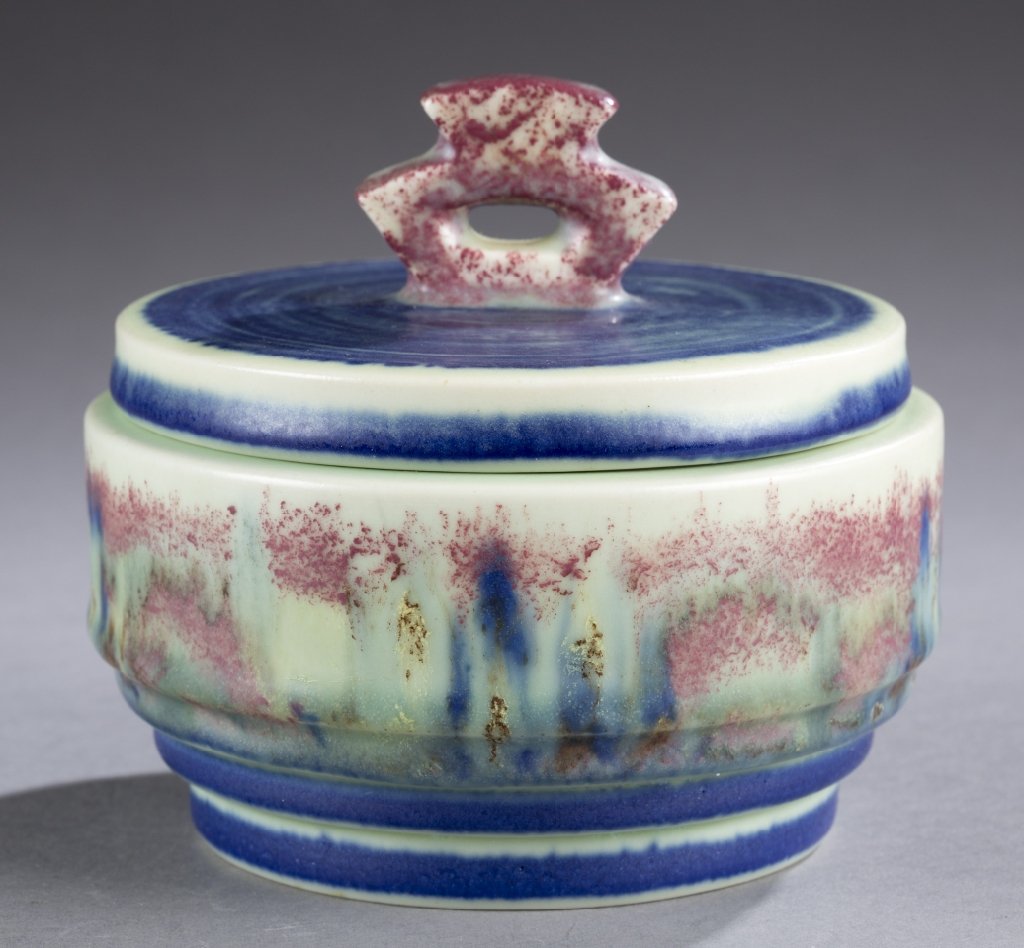 A Rookwood covered dish by Margaret Helen McDonald.: A Rookwood covered dish by Margaret Helen McDonald. 1931. Informal decoration in green, blue and purple. Impressed on bottom, Rookwood symbol, 6238, encircled A (Abel, Louise), XXXI and artist mark. 4