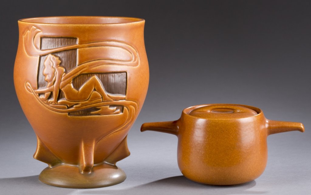 A Roseville Silhouette vase and Raymor stacked warmer.: A Roseville Silhouette vase and Raymor stacked warmer. ++ A large open mouth Silhouette vase with a reclining nude female in panels and sinuous lines adding to the decorative detail. The glaze is semi