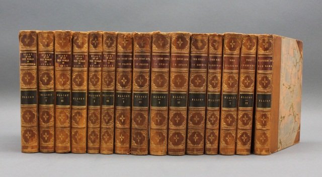 Frances Elliot. 15 Vols. Tauchnitz, 1873-1894.: [Travel/Literature]. 10 Titles (15 Vols) by Frances Elliot Minto. Leipzig: Bernard Tauchnitz. 12mo. Late 19th to 20th Century half brown leather and marbled board, marbled eps, teg. Surface chipping, 