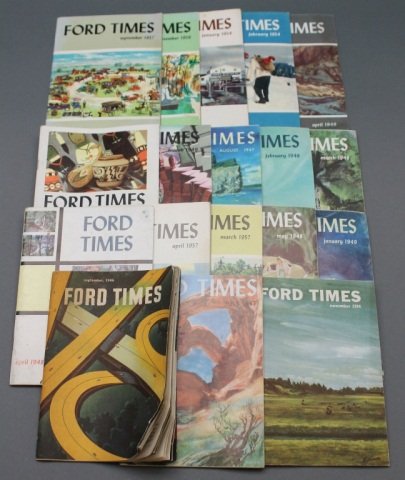 FORD TIMES. 18 Issues, Sep. 1946 to Sep. 1957.: [Periodical]. FORD TIMES. 18 Issues. (Dearborn, MI: Ford Motor Co.). Thin 12mo. orig stapled wraps. Slight warping to wraps, some light creasing (esp. corner tips), some issues more extensively crease