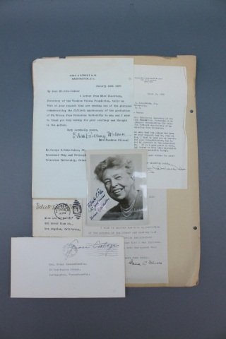 6 Items: Eleanor Roosevelt, 2 Edith Bolling Wilson: [Presidents' Relatives]. 6 Items (2 signed by Edith Bolling Wilson, 1 by Eleanor Roosevelt, 1 Grace Coolidge). ++ Eleanor Roosevelt. Signed and inscribed halftone photograph. Recipient’s name illegi