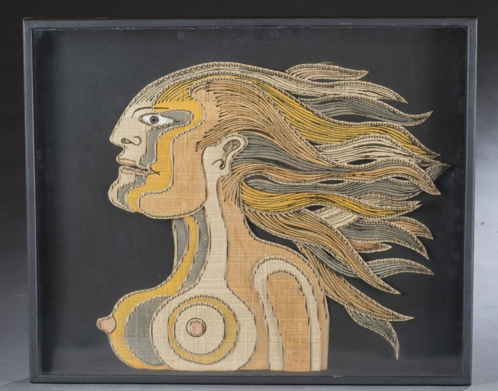 Relief cardboard collage by Alex Kosta.: Kosta, Alex (American, 1925). 1968. "Lady in the Wind". Cardboard collage in a framed glass shadow box with black background. Signed on back in pen "Kosta Alex". 23" x 27 3/4". The Property of Ed Bick