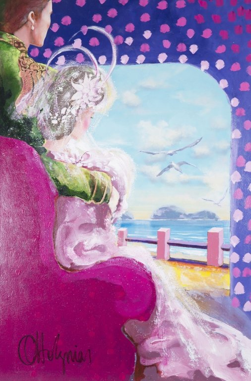 Aguiar, The Wedding, a/c.: Aguiar, Otto De Souza. (Brazil, 1938-2006) The Wedding. Acrylic on canvas. Having two figures overlooking a seascape. Unframed. 60" x 40".
