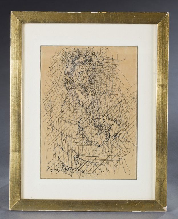 Jacques Villon, Abstract drawing of man.: Villon, Jacques. (1950) An abstract drawing of a man. Ink on vellum. Sight:8 5/8" x 6 1/4", frame: 13" x 10 1/4".
