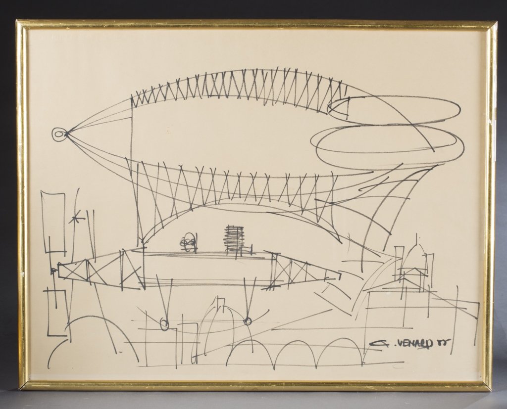 Claude Venard, Zeppelin over city sketch.: Venard, Claude. (France,1913-1999) Coeur with Zeppelin. c.1955. Felt-tip marker on artist paper. Signed l.r. Framed. 20 1/2" x 23 3/8"