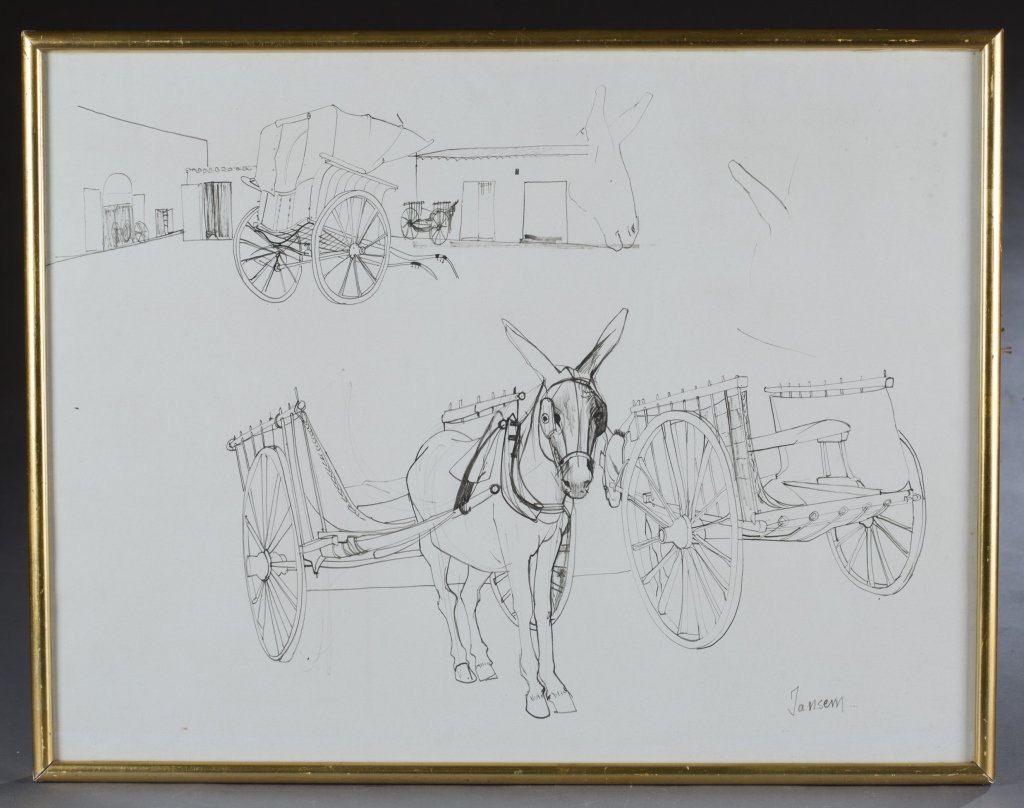 Jean Jansem, Ibiza.: Jansem, Jean. (1920-2013) Ibiza. c.1954. Felt marker on layered paper. Signed l.r. Framed: 20 3/4" x 26 3/8".