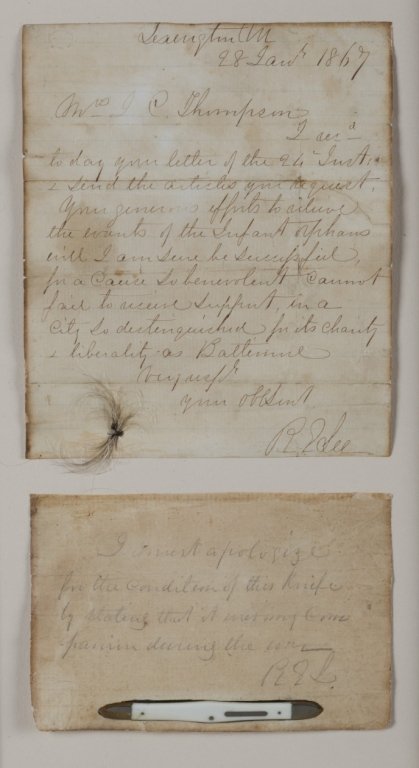 Robert E. Lee ALS, pen knife & lock of hair.: Robert E. Lee (1807-1870) Autographed letter signed, dated January 28 1867, at Lexington, VA, with lock of hair: and autographed note initialed with pen knife. c.1867. Letter written on lined paper.No