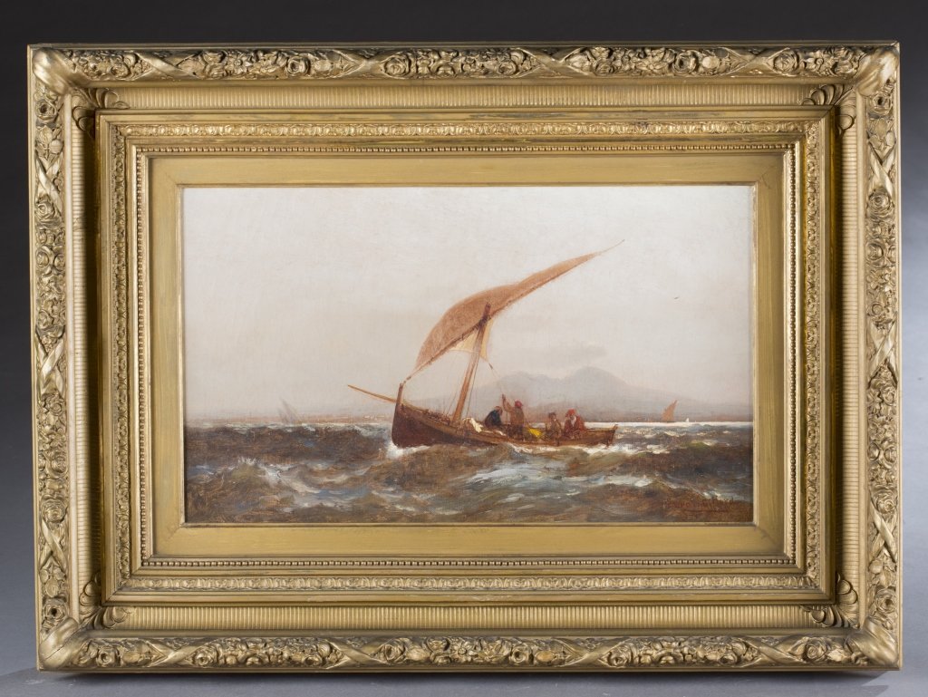 R. Swain Gifford, Boat scene.: Gifford, Robert Swain. (American, 1840-1905) Italian boating scene. Oil on canvas. Signed l.r. Carved gilt composition frame. 11 1/2" x 19 1/2". Frame: 21" x 29 1/2".