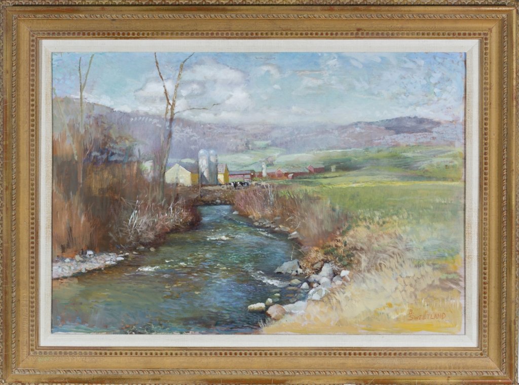 B.Sweetland painting.: Sweetland, Brian. (Vermont/District of Columbia, 1952-) River Landscape with Barn. Oil on canvas. Signed l.r. Framed. 17 1/4" x 25"w. Frame: 24"h x 32"w.