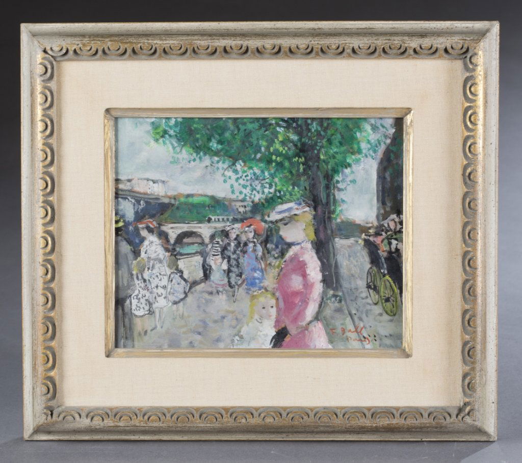 Francois Gall, Paris.: Gall, Francois. (France, 1912-1987) Paris. Oil on masonite. Signed and titled l.r. Sight 8" x 10", frame: 14" x 16 1/4".