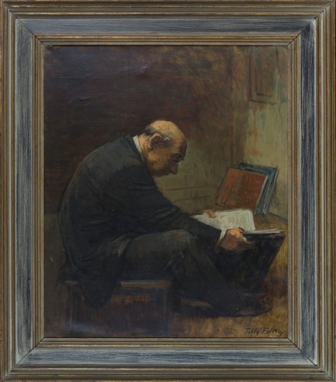 Tully Filmus, o/c of a seated man.: Filmus, Tully (New York, 1903-1998) The Print Collector. Oil on canvas. Signed in black paint l.r., Tully Filmus. 23 1/2" x 19 7/16". Frame: 30 1/2" x 26 1/2".