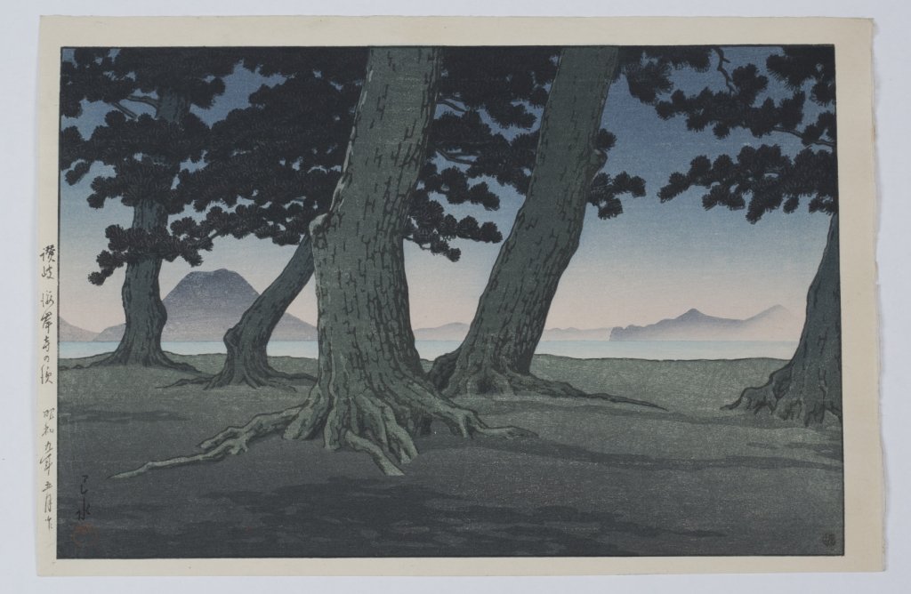 Kawase Hasui woodblock, "Teranohama beach": Kawase Hasui (Japan, 1883-1957.) Woodblock print "Teranohama, Sanuki coast". 1934. From the Series, Collection of Scenic views of Japan II, Kansai edition. Published by Watanabe. Illustrated Hasui, pl