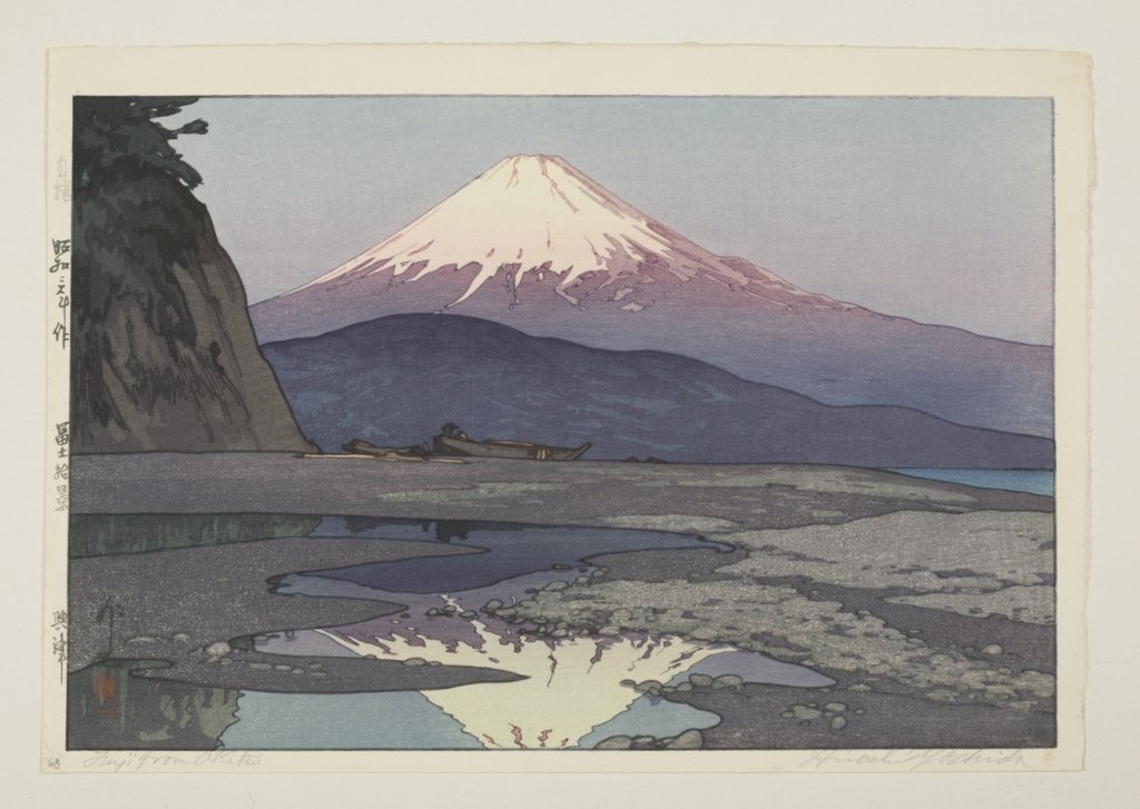 Hiroshi Yoshida "Fujiama from Okitsu": Hiroshi Yoshida (Japan, 1876-1950.) Woodblock print "Fujiyama from Okitsu". 1928. From the Twelve Views of Fuji series. Pencil signed and titled. 9 3/4" x 14 3/4". Illustrated Abe, fig. 55.