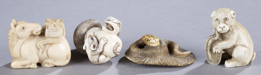 A Group of 4 Animal Netsuke: A group of 4 animal netsuke. ++ Horse with basket tied to its back. 1 1/2". ++ Snake coming out a basket chasing a rat. 1 1/2". ++ Snake sitting on leaf. 1 1/4". ++ Dog sitting with a straw hat in its