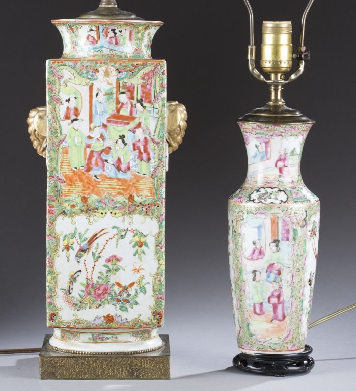 Group of Chinese lamps.: A group of Chinese famille rose lamps. Late 19th/20th century. ++ One having a square body with scenes of leisure and elephant side decorations. 25"h. ++ Small lamp in vase form with scenes of leisure