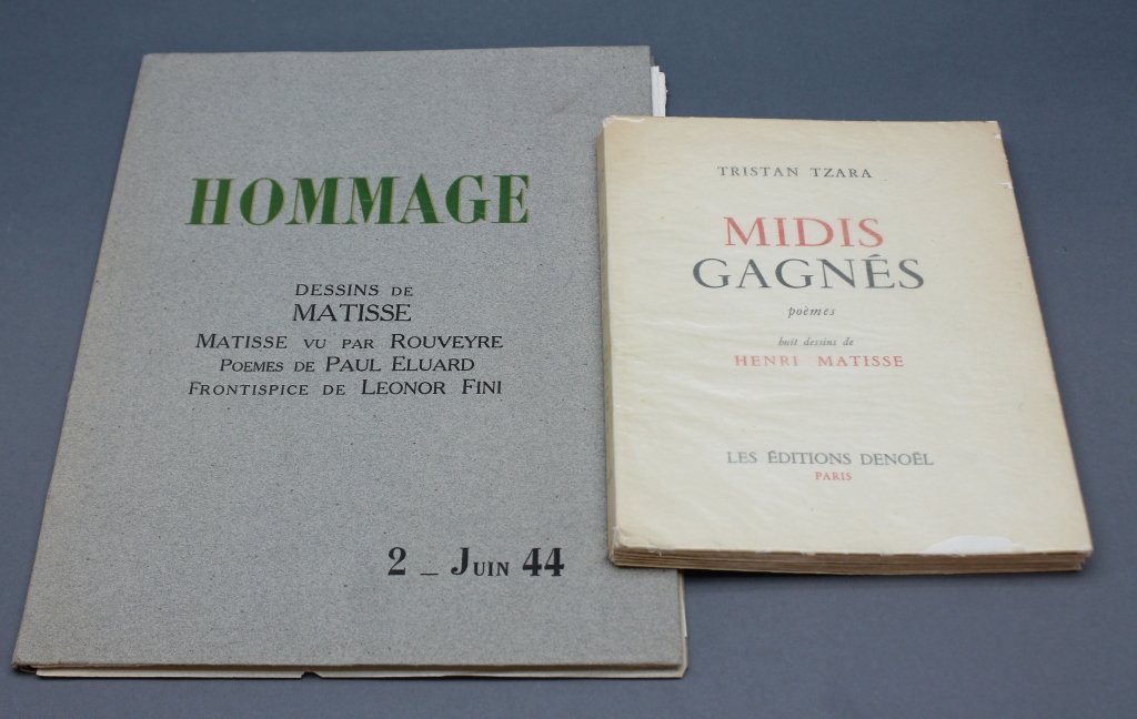 2 Books incl: HOMMAGE: Dessins de Matisse. 1/1000.: [Matisse/Eluard]. 2 Titles. ++ Paul Eluard (text). HOMMAGE: Dessins de Matisse: Matisse vu par Rouveyre. Front wrap and 1 text leaf dated “2_Juin 44.” Thin 4to. Unbound as issued in gray wraps. Co