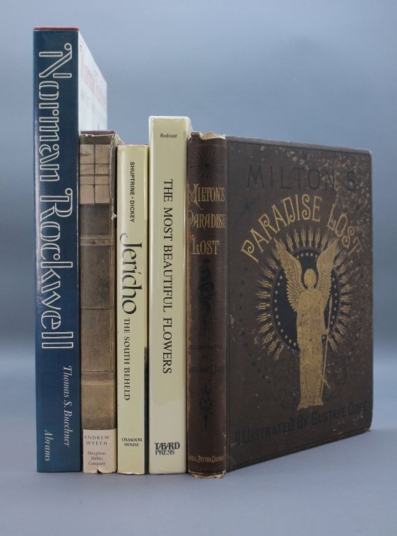 5 Books: Rockwell, Redoute, Wyeth, Dore, JERICHO.: [Rockwell/Redoute/Wyeth/Dore]. 5 Titles. Vp:vp. 4to/folio. Hardcover (1 in dj). ++ Thomas S. Buechner. NORMAN ROCKWELL: Artist and Illustrator. (1970). Near fine in very good dj. ++ Richard Meryman. A