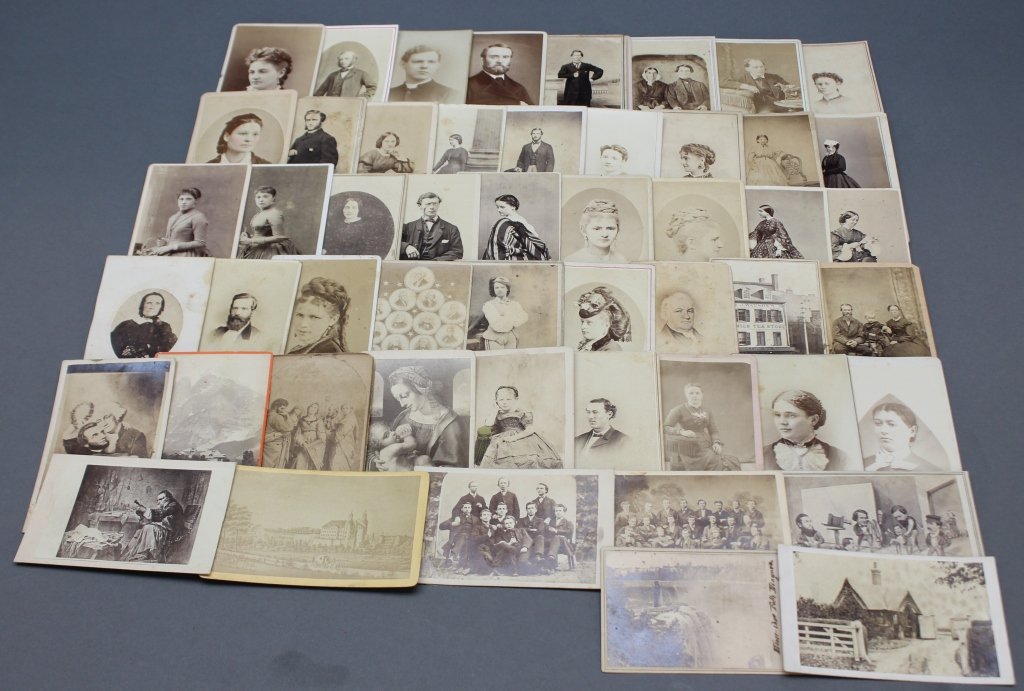 ~93 cartes-de-visite, incl Washington/Lincoln.: [Cartes-de-Visite/Misc.]. Approx. 93 Cartes-De-Visite. ++ 5 CDVs from female or husband & wife photographers. ++ CDV of couple playing chess. ++ CDV of Amish woman. ++ Political cartoon showing a phot