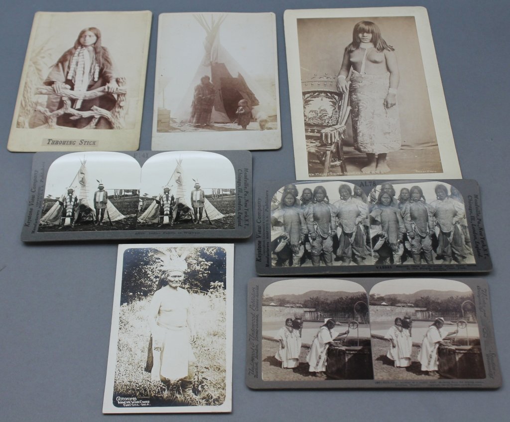 7 Photographic Items of Native Americans.: [Native Americans]. 7 Photographs incl. Albumen, Stereoview & postcard of Native American, Eskimo & Aztec Mexican subjects. Provenance: Collection of Walter Stolwein, an amateur photographer, avid col