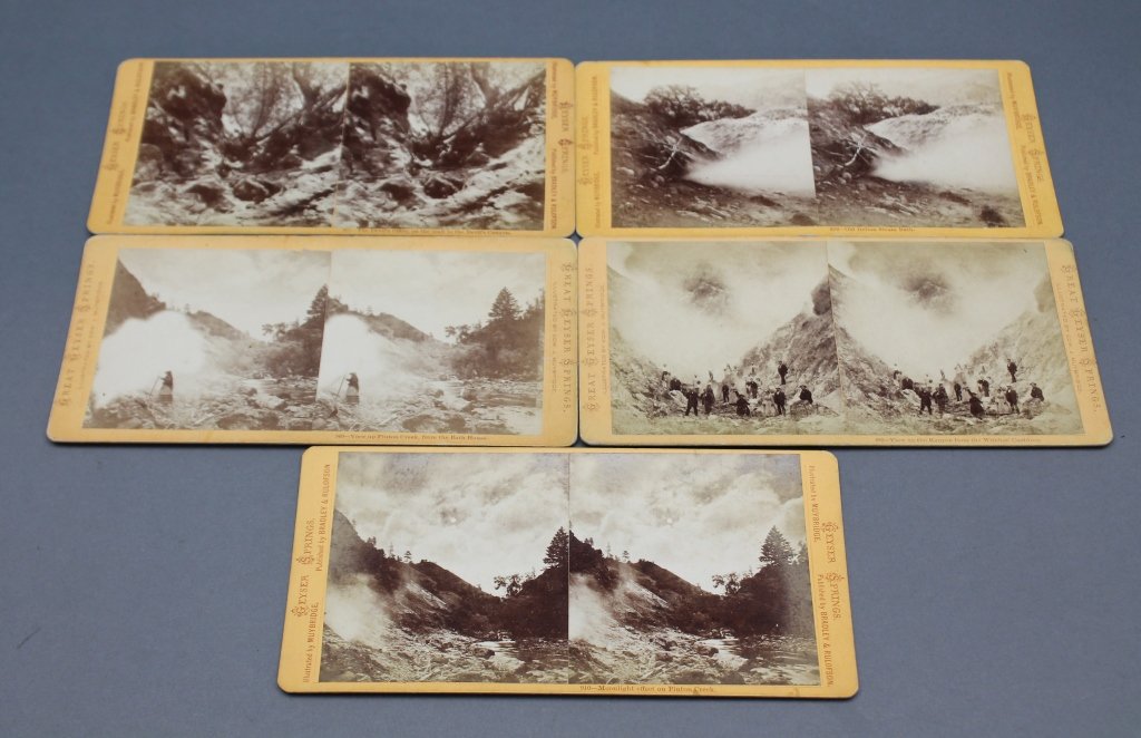 5 Stereoviews; Geyser Springs. Eadweard Muybridge.: [Stereoscopic Views/Muybridge]. 5 Eadweard Muybridge Stereoviews of Geyser Springs.++3 views titled on front “GEYSER SPRINGS./ILLUSTRATED BY MUYBRIDGE/PUBLISHED BY BRADLEY & RULOFSON” with reverse