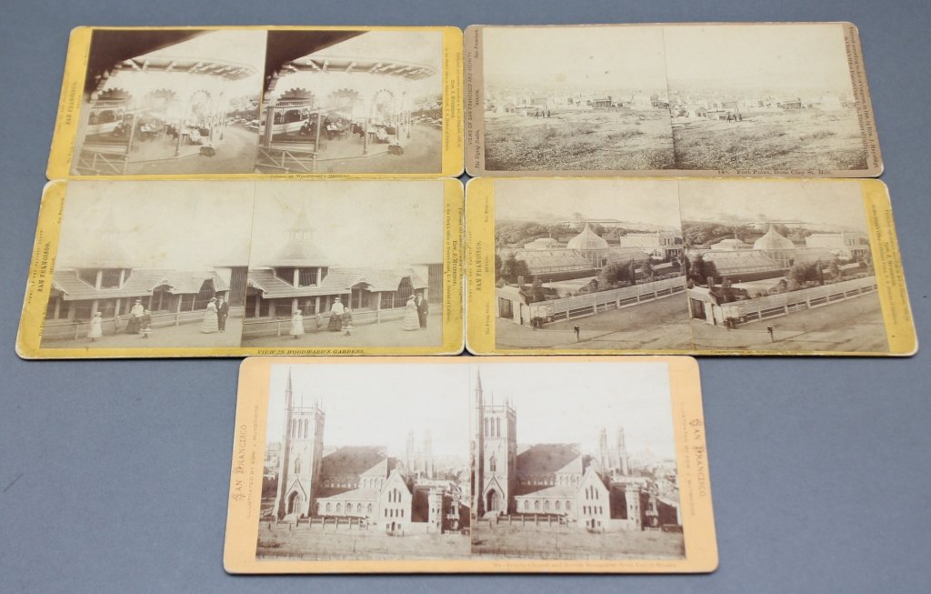 5 Eadweard Muybridge Stereoviews of San Francisco.: [Stereoscopic Views/Muybridge]. 5 Eadweard Muybridge Stereoviews of San Francisco. ++ 4 views titled on front “Views of the Pacific Coast/The Flying Studio/HELIOS/San Francisco” & “Published and