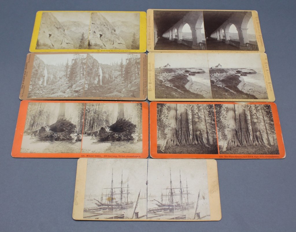 7 Muybridge stereoviews: Yosemite Valley.: [Stereoscopic Views/Muybridge/Yosemite]. 7 Eadweard Muybridge (1830-1904) Stereoviews of the Yosemite Valley & CA Coast. ++ 4 Eadweard Muybridge stereoviews of Yosemite Valley, buff & orange mounts wi