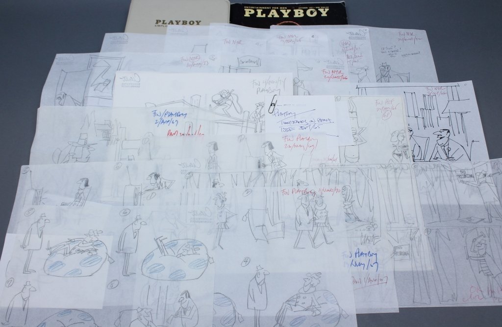 18 Items, incl pencil sketches by Claude Smith.: [Cartoonist]. 18 Items. ++ 15 original pencil drawings by Claude Smith. 12 were for cartoons that appeared in Playboy; 3 are for cartoons that appeared in The New Yorker. Most are comic strips with 4-