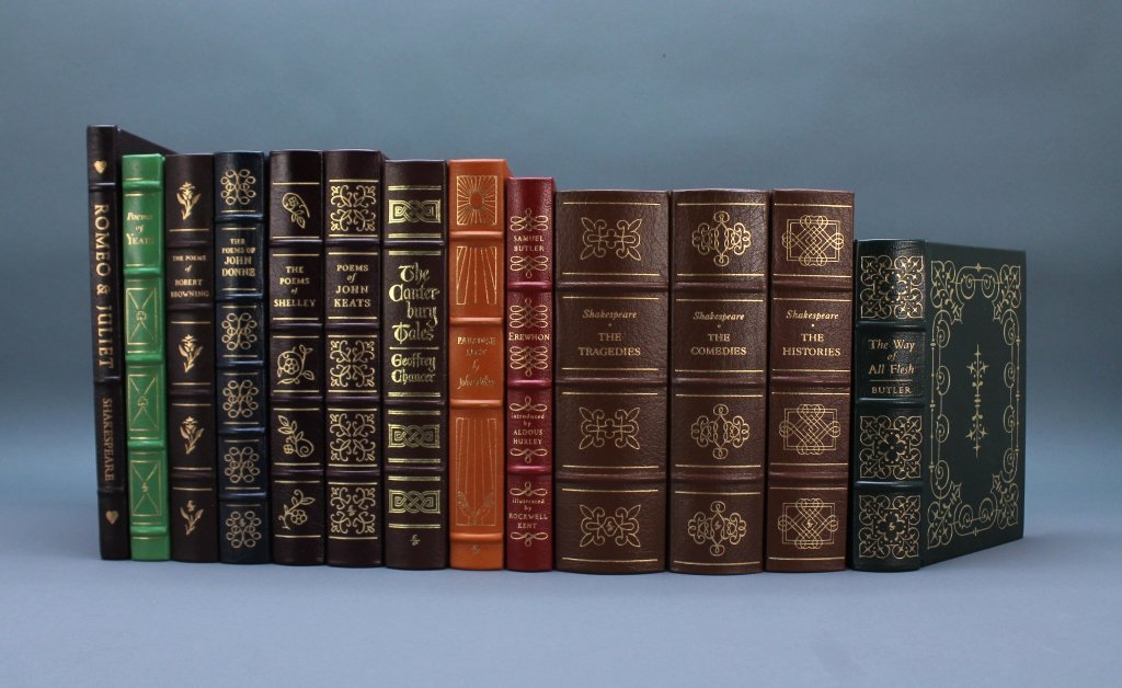 13 Books: Easton Press. Butler, Yeats, Keats...: [Easton Press/Literature/Britain]. 13 Titles. Norwalk, CT: Easton Press. 8vo/4to. Full leather of various colors, all decorated in gilt, gilt edges, dec ribbon. Near fine. ++ Geoffrey Chaucer. THE CAN