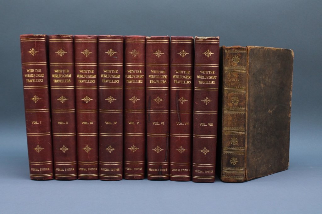9 Vols incl: WITH THE WORLD’S GREAT TRAVELLERS.: [Travel/Exploration]. 2 Titles (9 Vols). 8vo. Sold with all faults. ++ Charles Morris and Oliver H. G. Leigh (eds.). WITH THE WORLD’S GREAT TRAVELLERS. 8 Vols. Chi: Union Book Co., 1901-1905. Specia