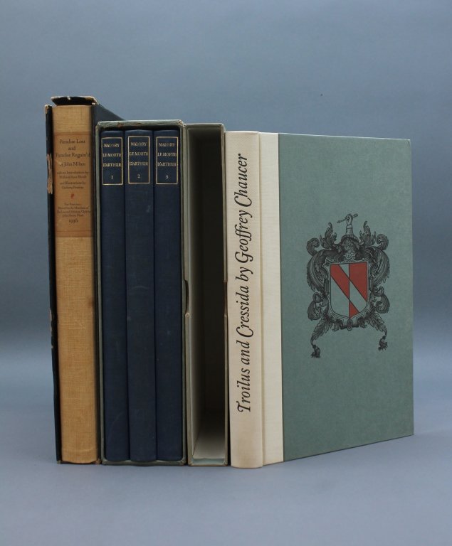 3 Titles (5 Vols): LEC. Chaucer, Malory, Milton.: [Limited Editions Club]. 3 Titles (5 Vols), British authors. NY: LEC 4to. Hardcover; near fine in fair to good slipcase. ++ Geoffrey Chaucer. TROILUS AND CRESSIDA. 1939. #192 of 1500. ++ Thomas Malory