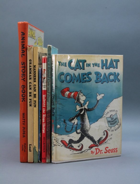 7 Books incl: THE CAT IN THE HAT COMES BACK!: [Children's/Dr. Seuss]. 7 Titles. ++ Dr. Seuss. THE CAT IN THE HAT COMES BACK! (NY): Random House, (1958). 8vo. Glazed illustrated boards; very good, some foxing near edges of covers. DJ is foxed, dam