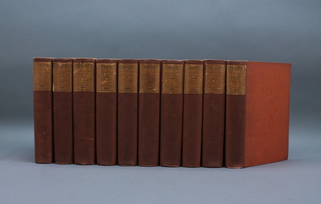 WORKS.10 Vols, w/ Autograph Note Signed by Hugo.: [Hugo, Victor]. WORKS OF VICTOR HUGO. 10 Vols. Phila: John D. Morris & Company, (nd). Contemp orange cloth with printed spine labels. Paper labels scuffed and toned. External dust-soiling and fading (