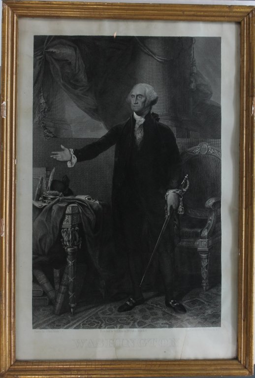 WASHINTON. Steel engraving after Gilbert Stuart.: [Washington, George]. WASHINGTON. Steel engraving. In margin at lower left: “Painted by Gilbert Stuart.” In margin at lower right: “Eng’d on Steel by W. L. Ormsby, N.Y.” Image: 19 7/8” x 1