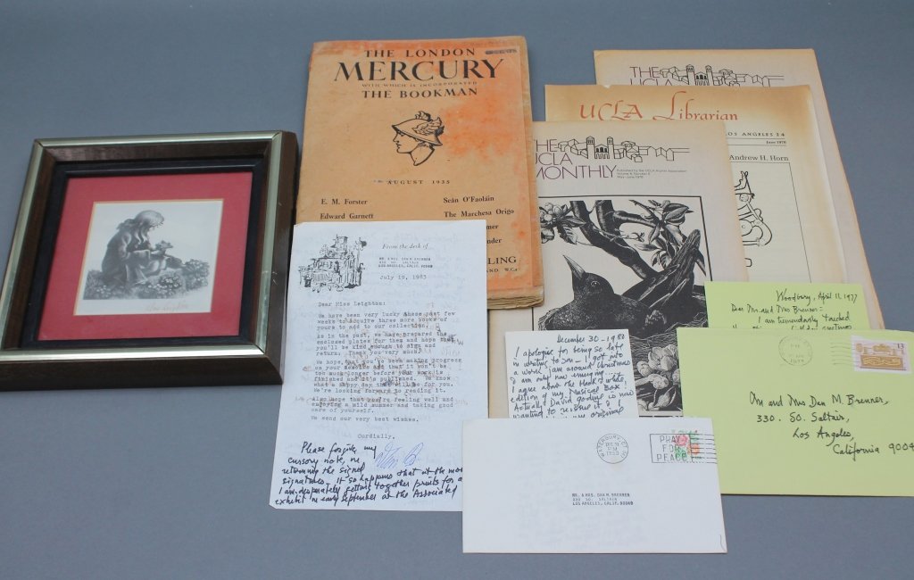 8 Items (5 Signed): Clare Leighton.: [Leighton/Others]. 8 Items (5 Signed). Sold with all faults. ++ THE LONDON MERCURY. Vol XXXII, No. 190 (Aug. 1935). 8vo. Orig printed wraps worn and mostly tape repaired along edges. Considerable damp