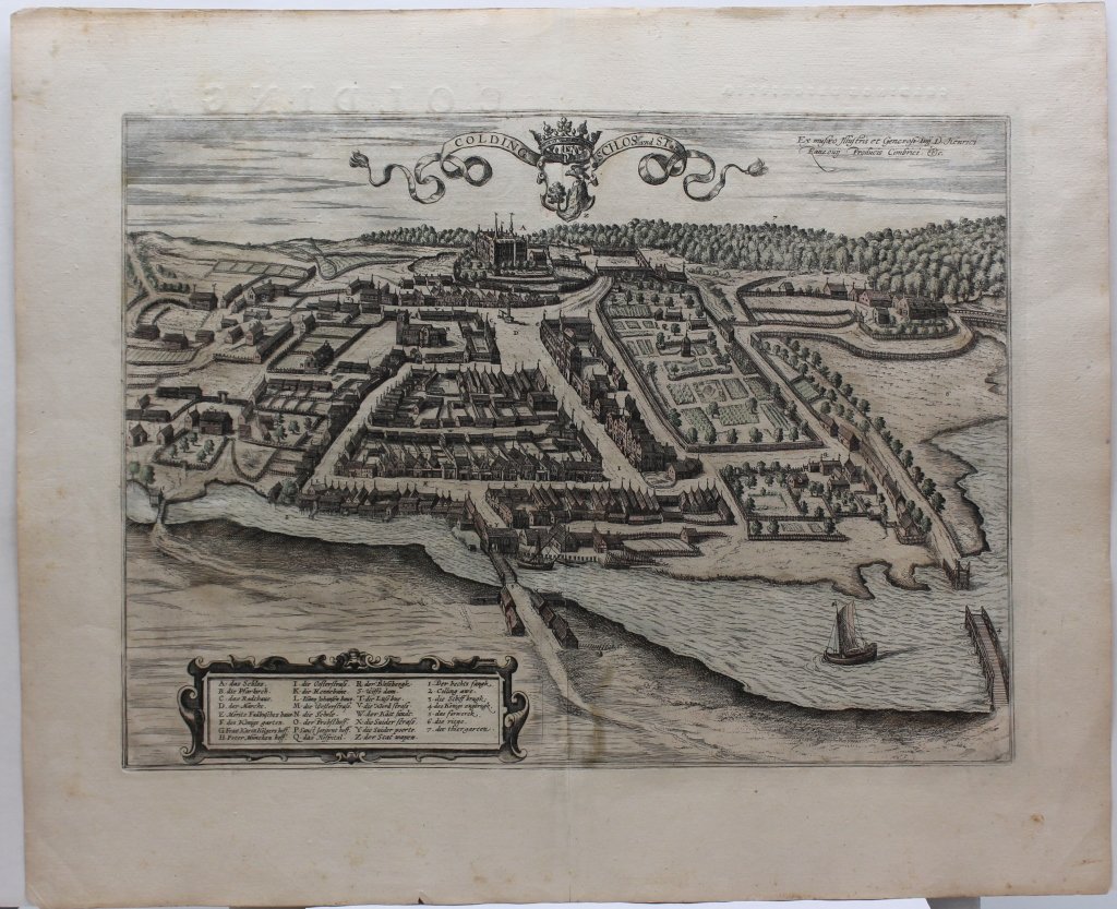 Braun & Hogenberg. COLDING SCHLOSS UND STAT.: [Europe/Denmark]. Braun & Hogenberg. COLDING SCHLOSS UND STAT. Double-page engraved map, contemporary hand-coloring, tiny tear to lower edge of sheet, full margins. 13 ¾ x 18 ¾ inches. View of Koldi