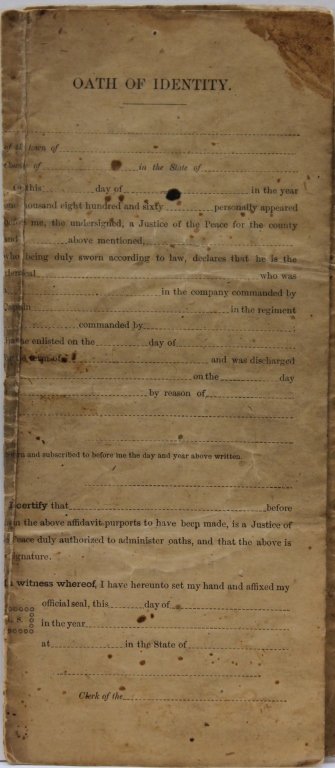 Civil War: 4 Items related to Jacob Linnenkamp.: [Civil War] 4 Items. ++ Discharge paper. Printed form, substantial portions filled in by hand. Handwritten and printed text reads “To all whom it may Concern: Know ye, That Jacob Linnenkamp a Privat