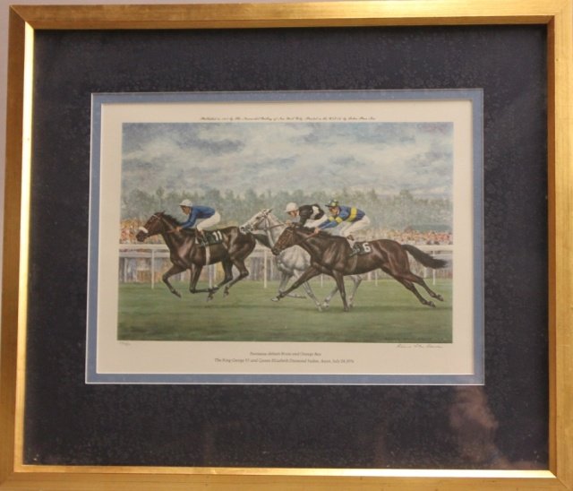 Richard Stone Reeves, Pawneese defeats, 1976.: Reeves, Richard Stone, (NY, 1919-2005). "Pawneese defeats Bruni and Orange Bay. The King George VI and Queen Elizabeth Diamond Stakes, Ascot, July 24, 1976." c.1977. 470/750. Signed l.l. "Richard Ston