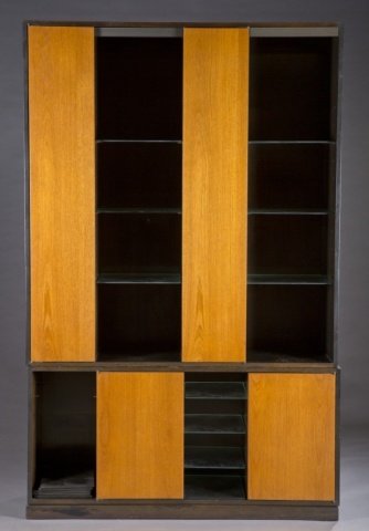 Harvey Probber cabinet w/glass shelves.: A Harvey Probber cabinet with glass shelves. 2nd half 20th century. 2 piece cabinet with wood and glass shelves and 4 doors. Dark brown lacquer finish and bleached mahogany. 85"h x 53 1/2"w x 15"d. Co