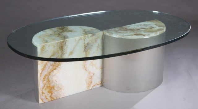 Alabaster & glass coffee table.: An alabaster onyx and glass coffee table. 2nd half 20th century. Off set double half circle alabaster onyx and steel base and an elliptical glass top. Base: 15"h x 18"w x 35"l. With Top: 16"h x 30"w x