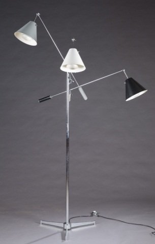 Gino Sarfatti Triennale floor lamp for Arredoluce.: A Gino Sarfatti "Triennale" for Arredoluce. c.1950s. A 3 arm floor lamp with chromed steel and having the early version three-pronged base. It has 3 cone shades in black, gray and white. 80"h.