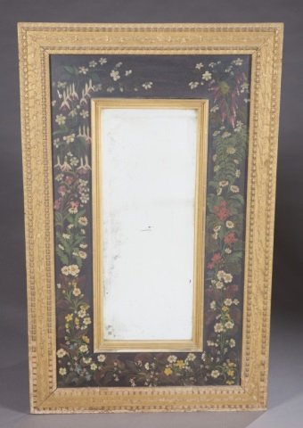 Aesthetic movement mirror.: An Aesthetic movement mirror. 19th century. With hand painted floral decoration around central mirror. Enclosed in gilded frame with carved maple leaf pattern. 48 1/2" x 30". Provenance: The Estate of